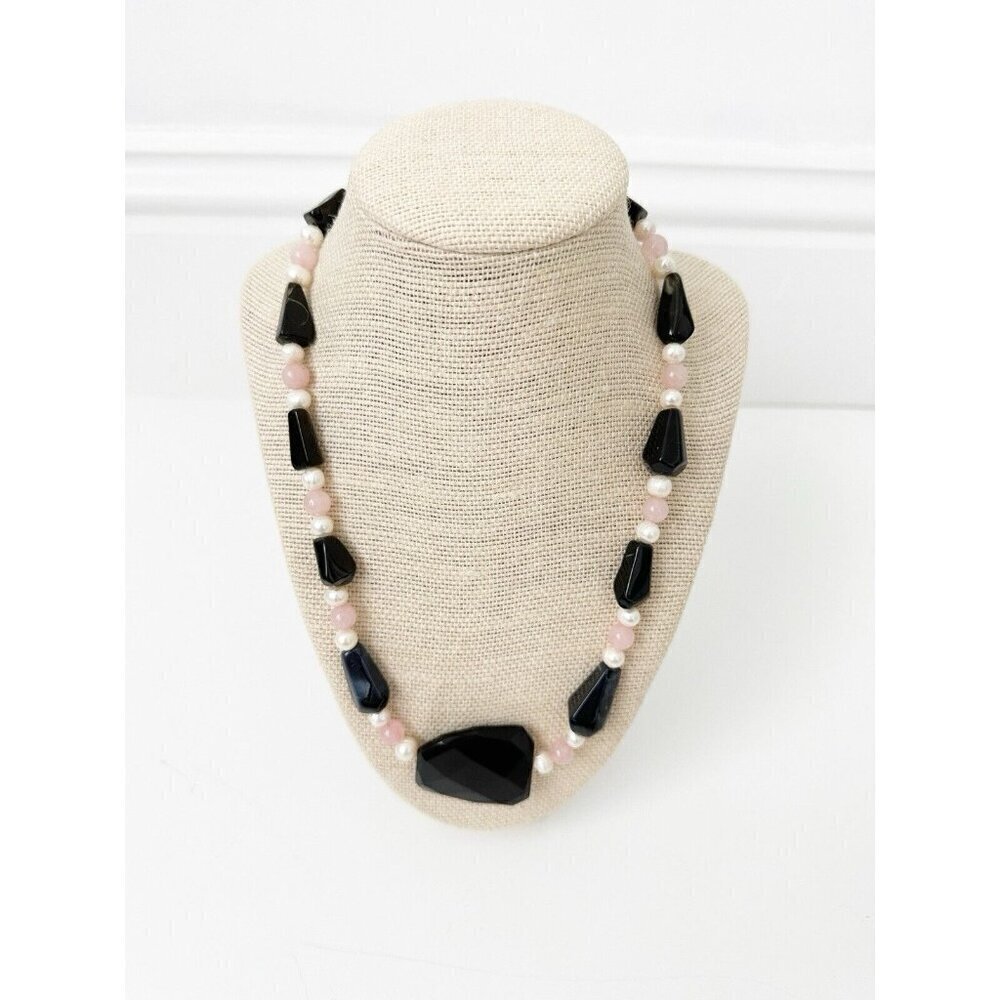 NWT Genuine Kunzite, Black Onyx, Obsidian & Pearls Necklace Beaded Pink White